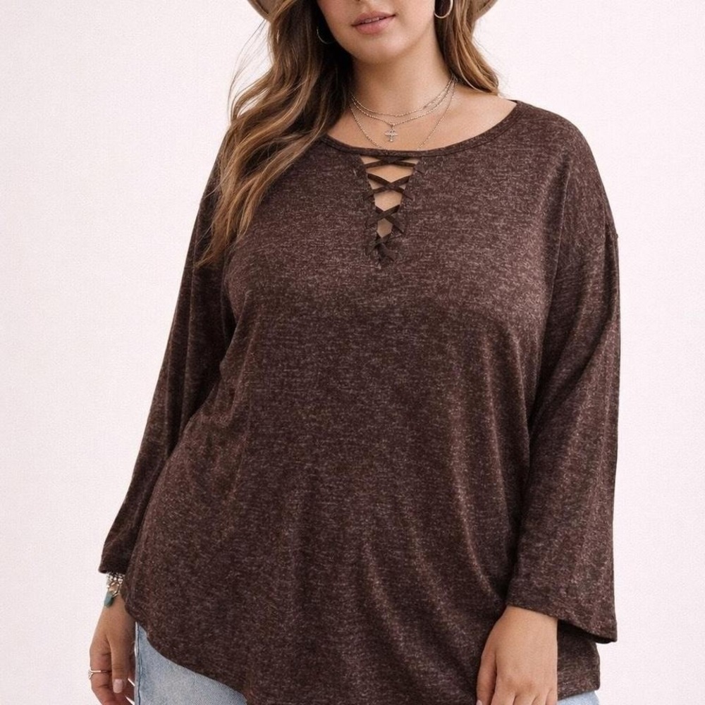 Bobeau 3X Brown Marled Lace Up Knit Top Plus Size Flowy‎